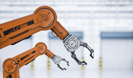 自动化工厂概念图，工厂中2个韦德注册平台臂的3d渲染