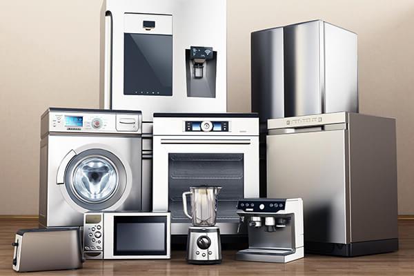 Stainless steel home appliances with refrigerator, dishwasher, oven, washer, coffee maker, blender, microwave & toaster